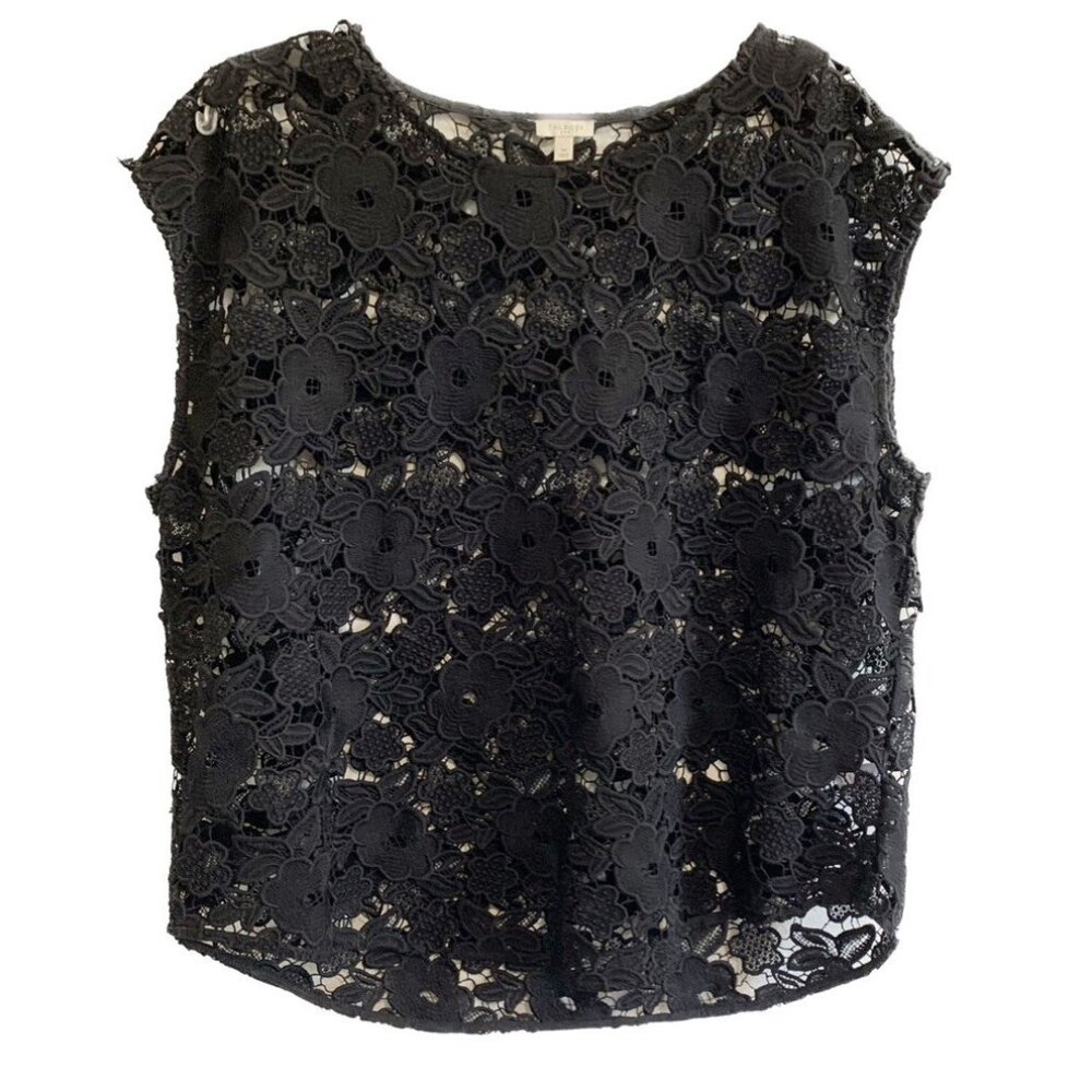 Talbots Black Floral Embroidered Top Size Medium Sleeveless Quiet Luxury Mature
